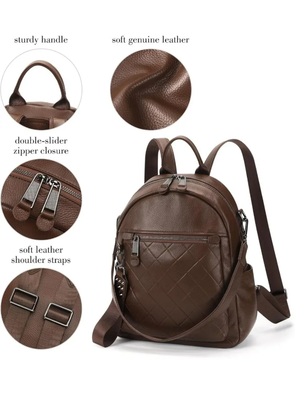 Stylish Quilted Genuine Leather Backpack Purse for Women - Multi-functional